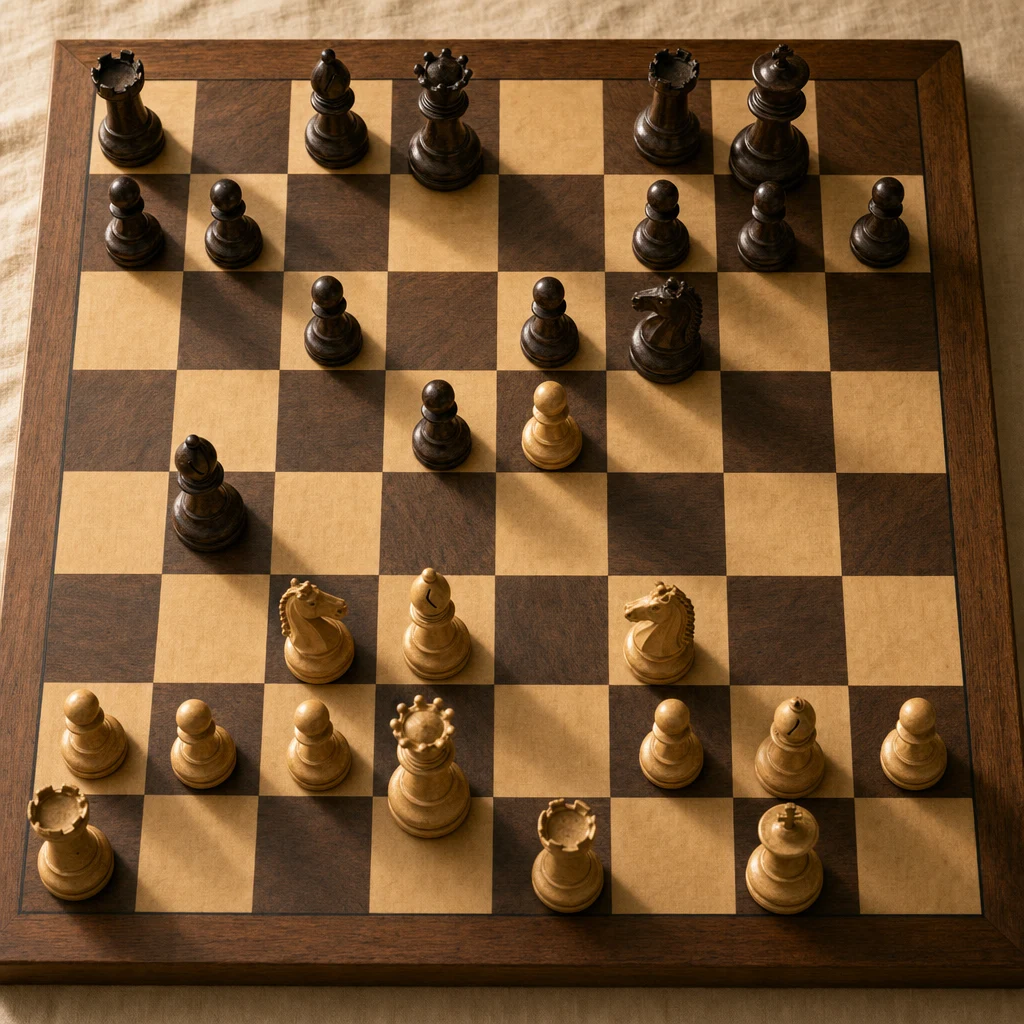 A mid-game chess position, white to move, two knights converging on the black king